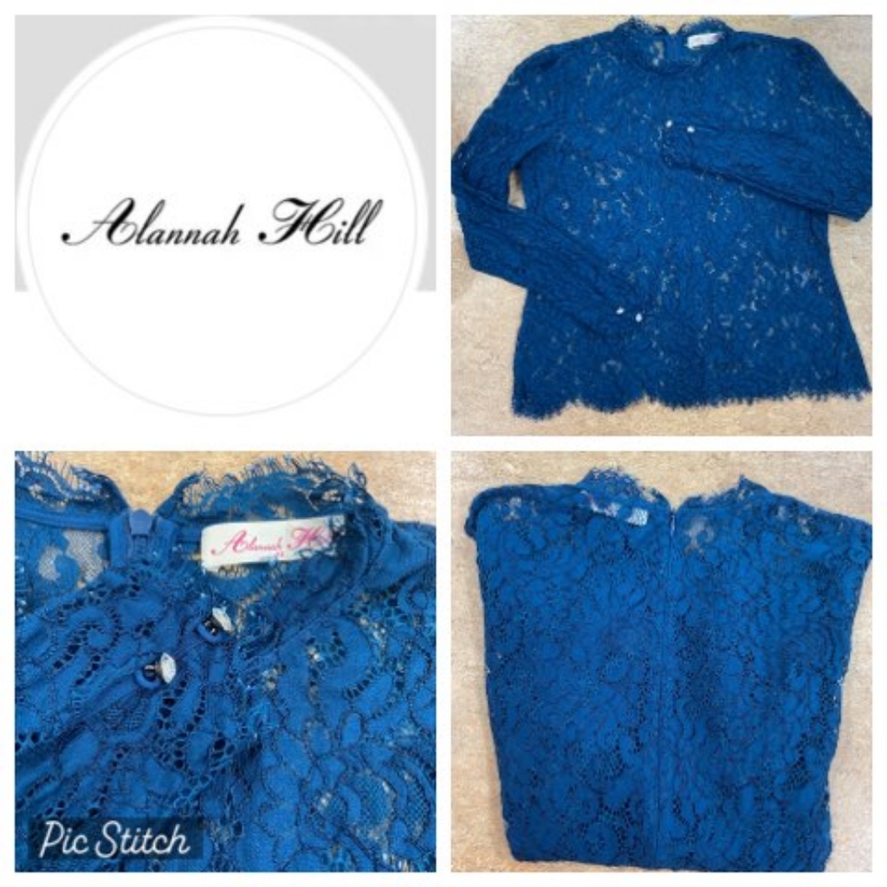 Alannah Hill Dark Turquoise Lace Back Zip Long Sleeve Lace Blouse